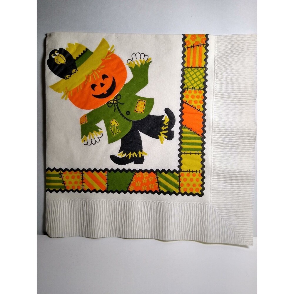 Ambassador Halloween Paper Napkin 7x7 Patchwork Crow Pumpkin Scarecrow